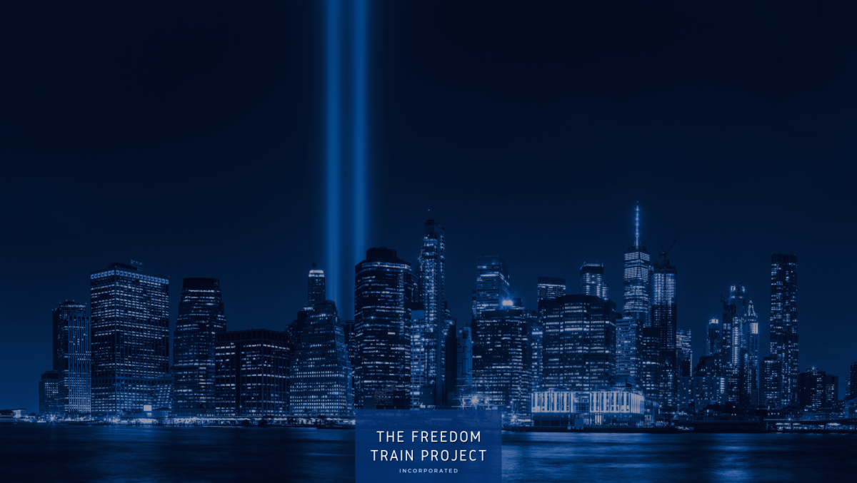 The Freedom Train Project Remembers 911 with their logo over an image of the 911 memorial at night